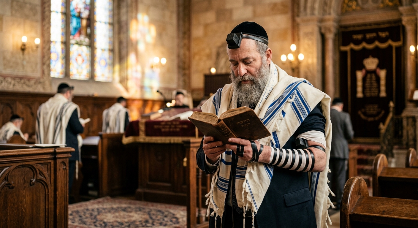 גבר יהודי מבוגר עטור טלית ותפילין קורא בסידור במהלך תפילת שחרית בבית כנסת.