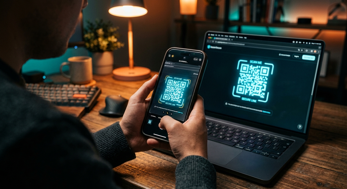 אדם סורק קוד QR ממסך מחשב נייד באמצעות סמארטפון לגישה אל קישור מאובטח